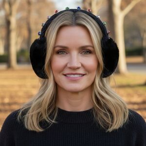 NWT KATE SPADE Black EARMUFFS Faux Fur + Rhinestones One Size Womens